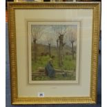 A.E.Fisher, signed watercolour, 'Young Lady in a Meadow with Cattle. 26cm x 20cm, Provenance