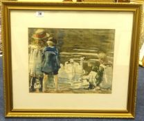 James.H.Morton (1881-1918), watercolour 'Three children by a Pond', 28cm x 35cm.