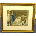 James.H.Morton (1881-1918), watercolour 'Three children by a Pond', 28cm x 35cm.