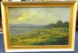 Ismet Guney, signed oil on canvas, figures in a river landscape, 49cm x 73cm.