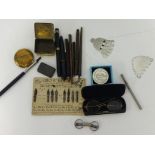A collection of fountain pens and other items, including Joseph Gillott and G.E.O Hughes makers.