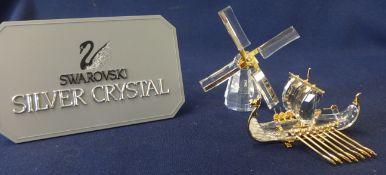 Swarovski Crystal Glass Crystal Memories collection consisting of Viking long boat and Windmill,