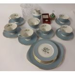 A Royal Worcester tea set, Rose Elegans, also glass biscuit barrel, paperweight and Staff enamel