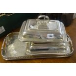 Two silver plated entre dishes and a similar tray.