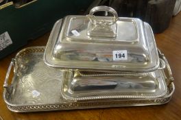 Two silver plated entre dishes and a similar tray.