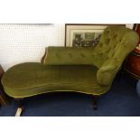 A Victorian mahogany framed Chaise Longue, upholstered in green fabric with button back decoration