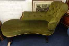 A Victorian mahogany framed Chaise Longue, upholstered in green fabric with button back decoration