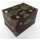 A modern jewellery box of Chinese design in rosewood and over layed in metal work, height 20cm.