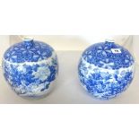 A pair of Japanese blue and white squat porcelain jars decorated with flowers.