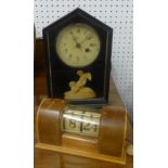 Victorian mantel clock in black ebonised case together with an electric desk calendar (2).
