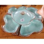 A five piece American ceramic 'Party Susan' table dish centrepiece on wood stand.