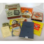 A collection of various items including 1950's swan toaster, Wren harmonica, old recipe books,