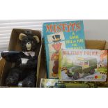 Various traditional games and toys including operation, Marx toys, military vehicle, airfix scale