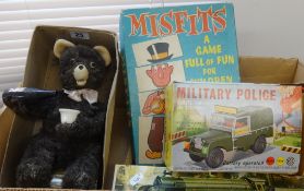 Various traditional games and toys including operation, Marx toys, military vehicle, airfix scale