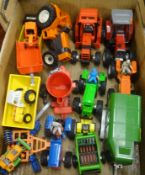 A collection of Diecast and plastic loose models in two boxes, together with other items including