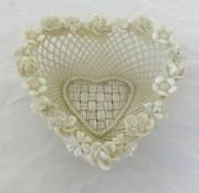 Belleek, Irish porcelain basket of heart shape encrusted with flowers with impressed mark.