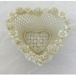 Belleek, Irish porcelain basket of heart shape encrusted with flowers with impressed mark.