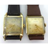 Two gents rolled gold square wristwatches.