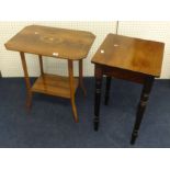 An Edwardian rosewood and marquetry inlaid two tier side table together also a plain mahogany