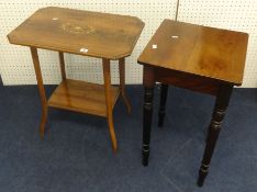 An Edwardian rosewood and marquetry inlaid two tier side table together also a plain mahogany