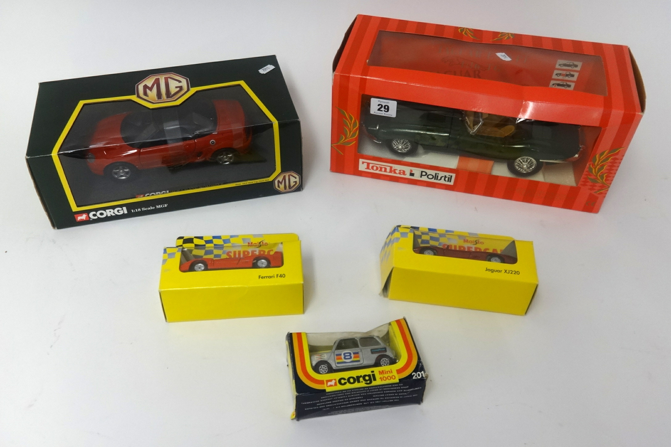 A collection of various model cars including Corgi 1-18 scale, JPS model racing car, Corgi mini 201,