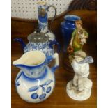 Six items, including Doulton Burslem Delft teapot, Victorian pottery jug, Worcester vase decorated
