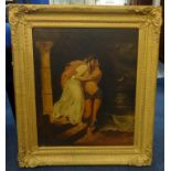 A 19th Century oil on canvas portrait of a couple embracing, indistinctly signed in a swept gilt