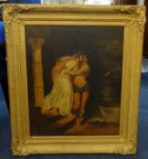 A 19th Century oil on canvas portrait of a couple embracing, indistinctly signed in a swept gilt