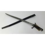 A 19th century bayonet with curved blade and leather scabbard, 72cm overall.