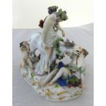 A Meissen figural group of the Drunken Silenus after the model by F Meyer, underglaze blue cross