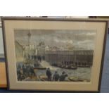An engraved print 'Departure from Portsmouth Dockyard, rear Admiral Dundas of The Baltic Fleet'.