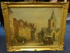 A 20th Century signed oil on canvas village church scene, together with a early 20th century