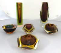Murano Glass, Murano style glassware, two vases and four assorted squat vases (6).