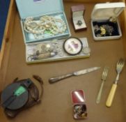 A military compass, various costume jewellery, some silver bits and cufflinks.