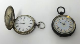 An antique silver cased full hunter fob watch, key wind, 'MS' and another silver fob watch with open