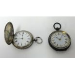 An antique silver cased full hunter fob watch, key wind, 'MS' and another silver fob watch with open