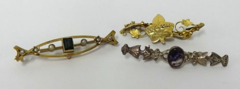 Two 9ct gold brooches including Mizpah brooch (4gms) and a silver brooch (3)