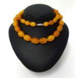 An amber bead necklace, length 62cm, approx 80gms and a pair of earrings.