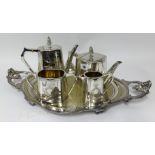 Silver plated four piece tea service with pineapple finials and a silver plated serving tray with