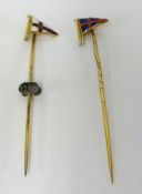 Benzie of Cowes, two 9ct gold tie pins, with enamelled flags (2).