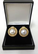 Pair of 18ct diamond and pearl earrings, diameter approx 20mm