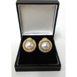 Pair of 18ct diamond and pearl earrings, diameter approx 20mm