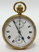 A 9ct gold open face and keyless chronograph pocket watch with stop watch the back pate with