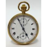 A 9ct gold open face and keyless chronograph pocket watch with stop watch the back pate with