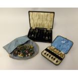 Six Geo V silver coffee bean spoons, cased, six EP spoons cased, and various costume jewellery.