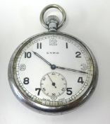 Cyma, a military open face pocket watch with 1946 inscription to 'F.Wright', keyless movement.