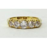 An antique 18ct five stone diamond ring set with old cut diamonds, ring size P.