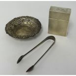 Silver and engine turned card case, silver sugar tongs and silver and pierced dish (3) approx 5.