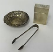 Silver and engine turned card case, silver sugar tongs and silver and pierced dish (3) approx 5.