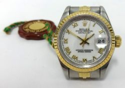 Rolex, a ladies steel and gold Oyster Date Just, with white dial and Roman numerals.